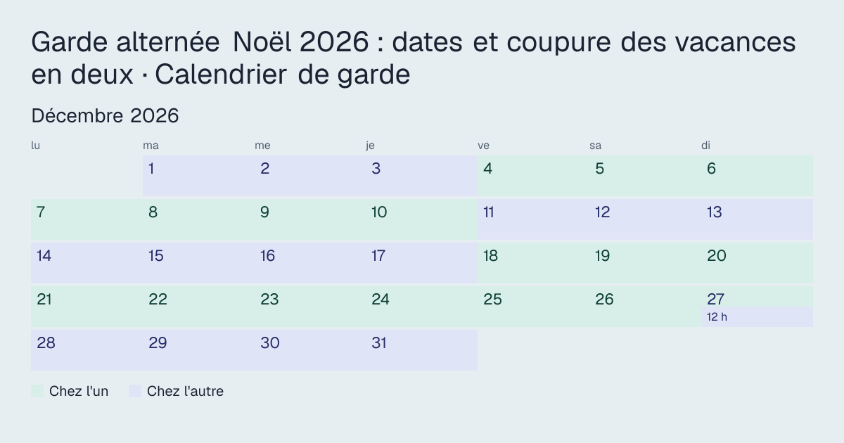 Décembre 2026 en deux couleurs, une par maison, avec le passage du dimanche 27 décembre 2026 à 12 h.